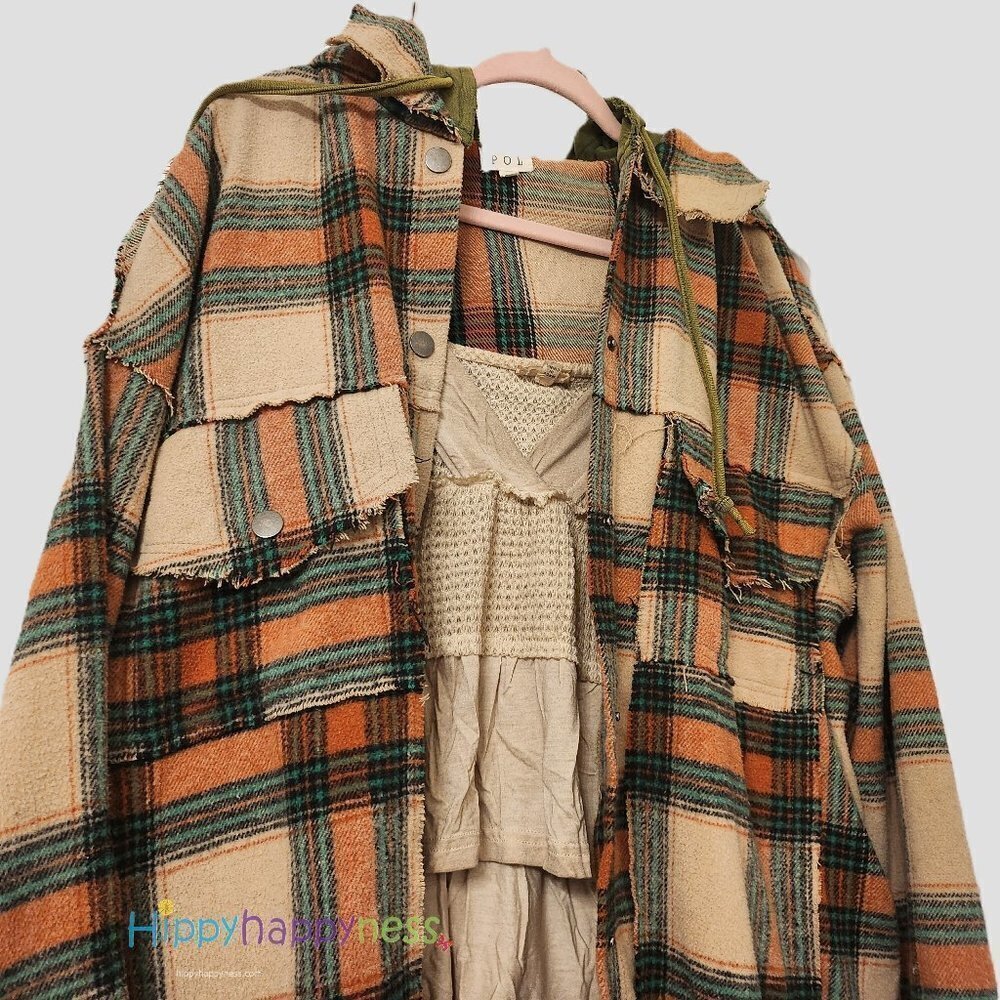 New POL Shacket Jacket Oversized Plaid Hoodie Beige Orange Green NWT - Picture 8 of 11